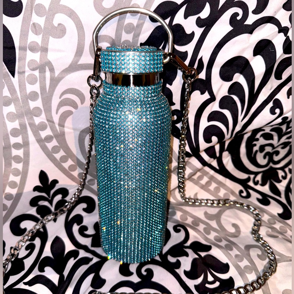 Aqua Blue Rhinestone Stainless Steel Insulated Water bottle w/Detachable Chain